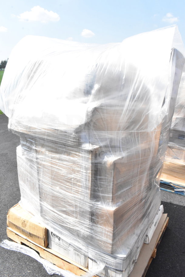 Shrink-wrapped pallet of 27 assorted brand new scratch and dent items, including cake circles, cold cups, and paper plates.