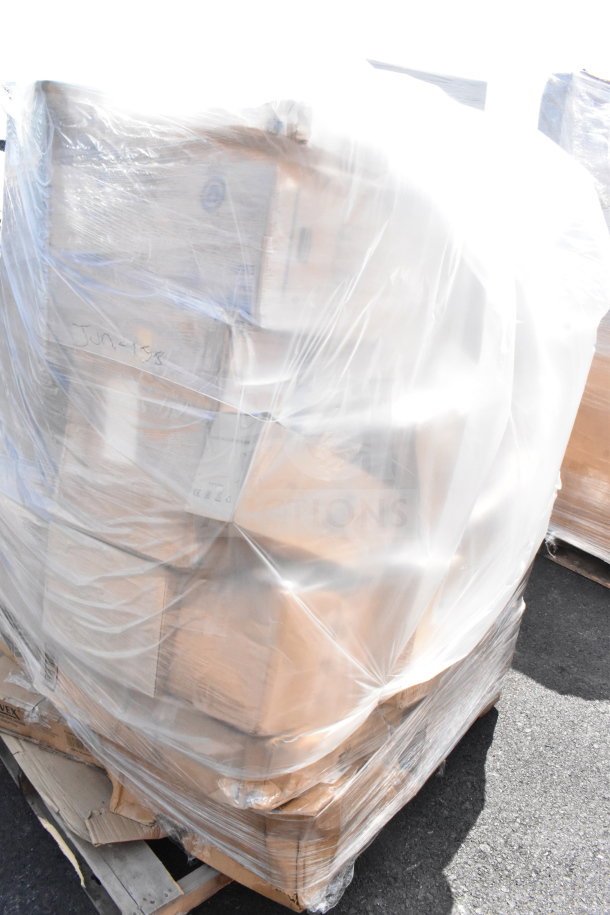 Plastic-wrapped pallet with 30 new scratch and dent items, including a paper towel dispenser and watering can. Labeled JUN26-158.