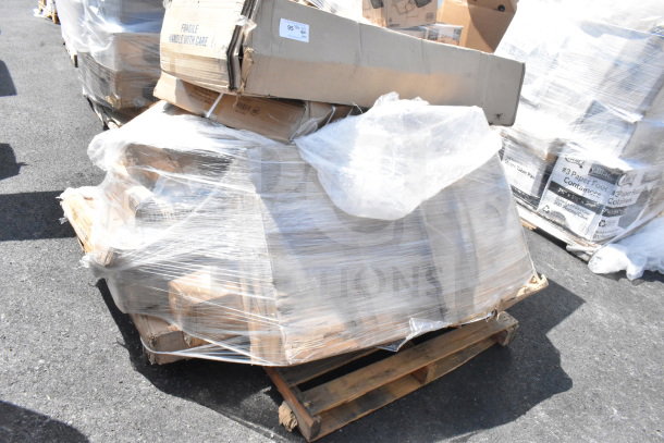 Plastic-wrapped pallet with 12 mixed "scratch and dent" items including Bobrick paper towel dispenser, easel, stock pot.