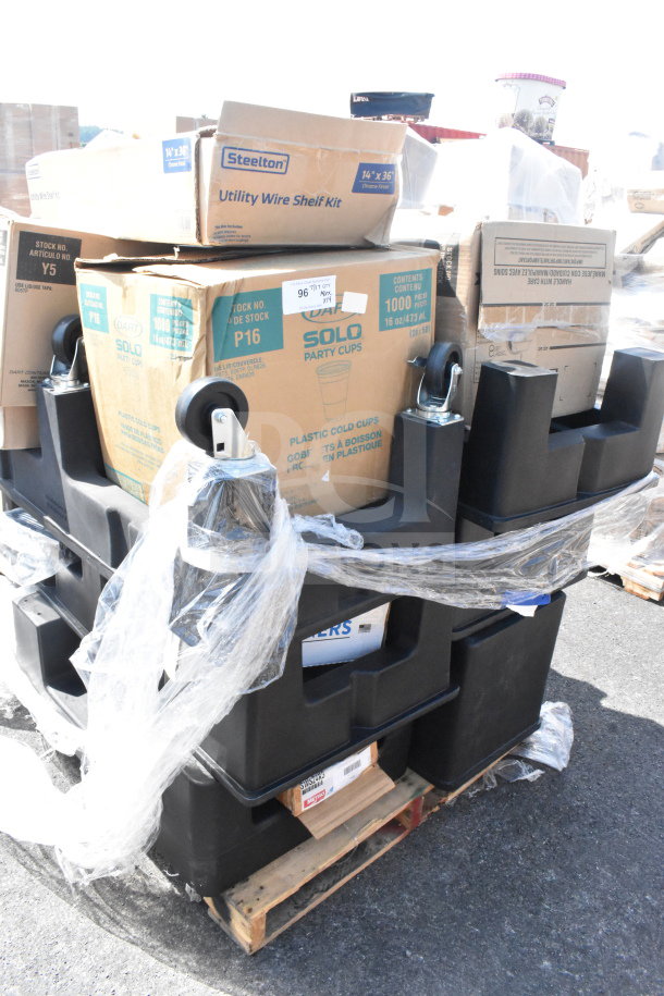 14 new scratch and dent items, including black poly dunnage racks with packaging. Includes Dart and Steelton brands.