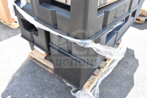 Black poly dunnage racks, scratch and dent condition, stacked on a pallet with plastic wrap, sold as a lot of 14.