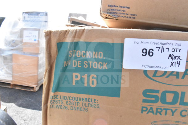 Cardboard box labeled "P16" with stock numbers; part of a lot including black poly dunnage racks. New, scratch and dent condition.