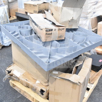Nine new scratch and dent items on a pallet, including a replacement kettle for a popcorn machine and ice cream tub covers. Boxes show some wear.