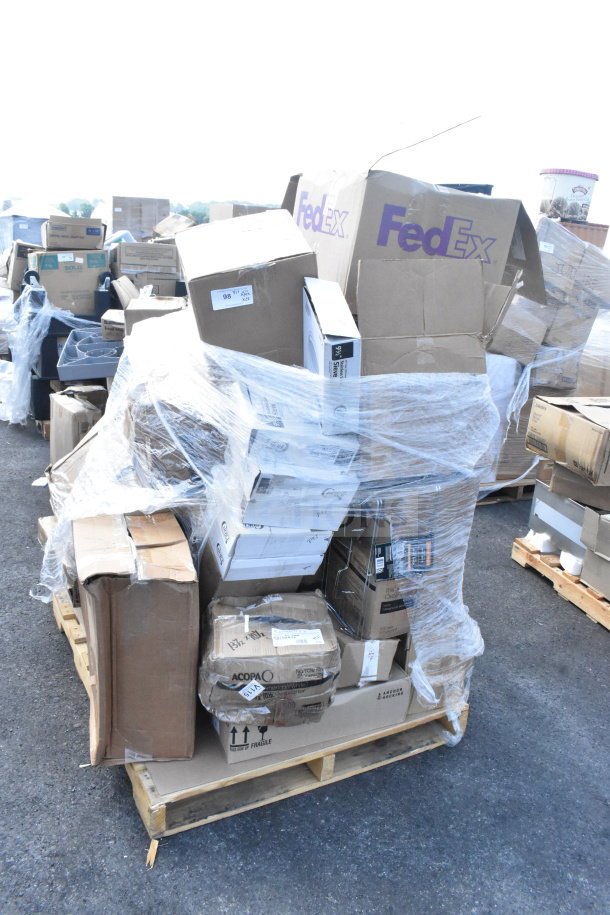 Pallet with mixed boxes, 28 new scratch and dent items including serving bowls, platters, and glasses. Visible brands include FedEx and Acopa.