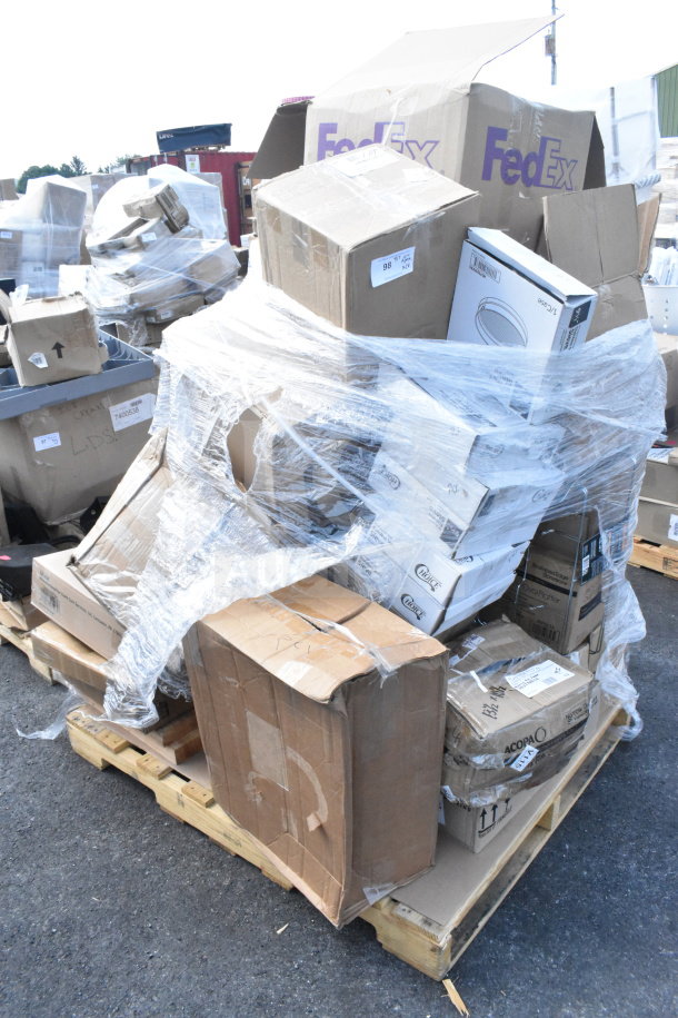 28 brand new items on a pallet, including serving bowls, platters, and glasses, in original packaging with some damage.