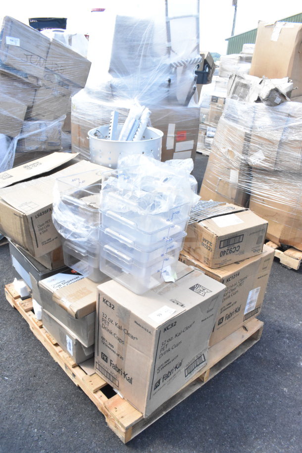 Assorted scratch and dent items, including tumblers, drainboard, lids, in various boxes on pallet, some labeled Fabri-Kal.