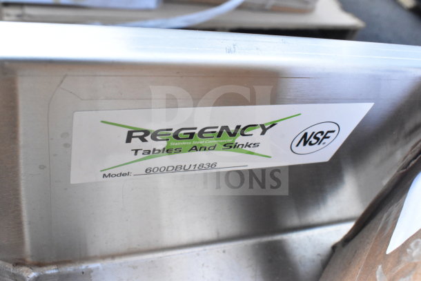 Regency stainless steel item with model 600DBU1836 label. Part of 18 new scratch and dent items, including tumblers and lids.