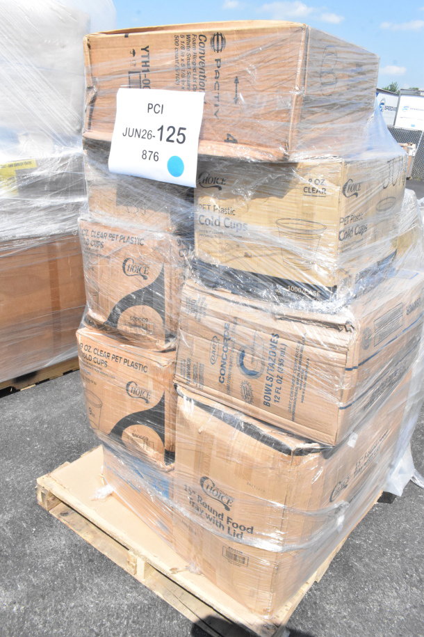 Pallet of 18 new items in original packaging, includes cold cups, hot cups, and trash bags. Labeled "PCI JUN26-125."