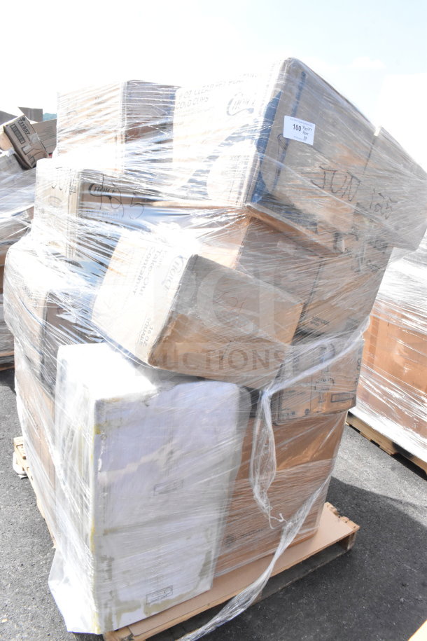 Stack of 18 new items including cold cups, hot cups, and trash bags, wrapped on a pallet, with visible box markings.