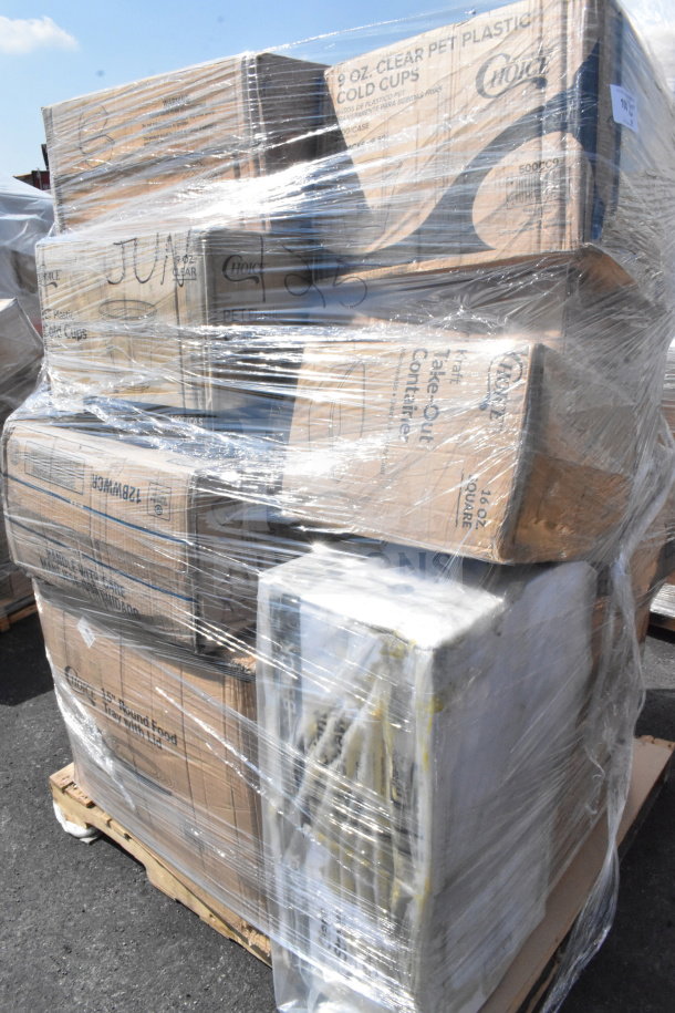 Pallet of 18 new "scratch and dent" items, including cold cups, hot cups, and trash bags, wrapped in plastic.