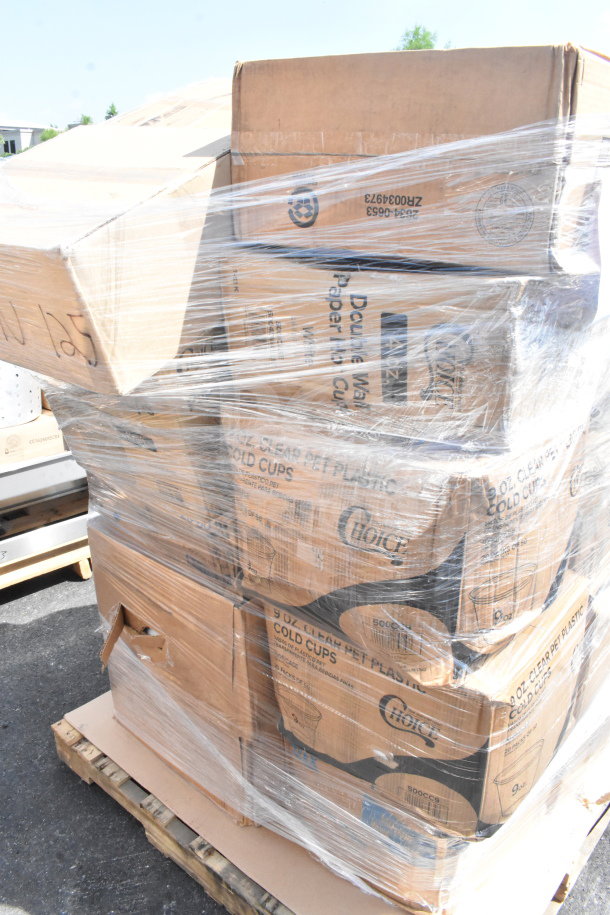 Pallet of 18 new scratch and dent items in boxes, including cold cups. Boxes wrapped for shipping.