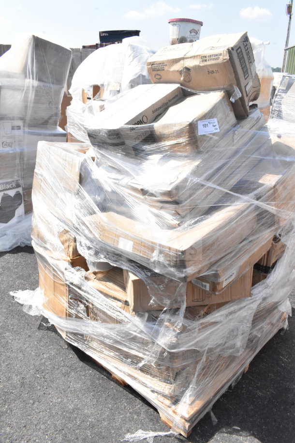 Plastic-wrapped pallet of 30 brand new scratch and dent items including hood filters and glasses, visible boxes, auction label "101."
