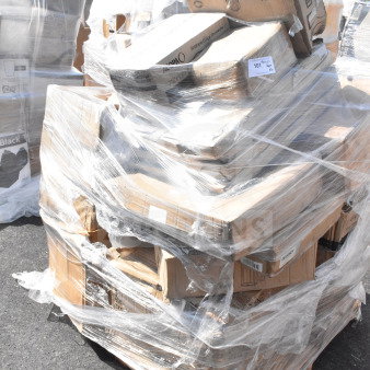 Plastic-wrapped pallet of 30 brand new scratch and dent items including hood filters and glasses, visible boxes, auction label "101."