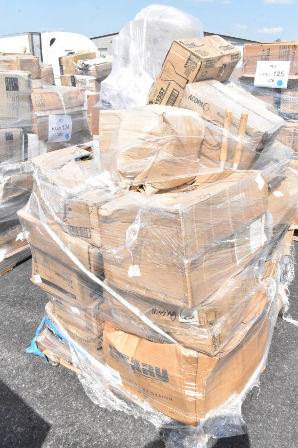 Pallet of 30 brand new scratch and dent items, including hood filters and glasses, wrapped in plastic. Labels visible on boxes.