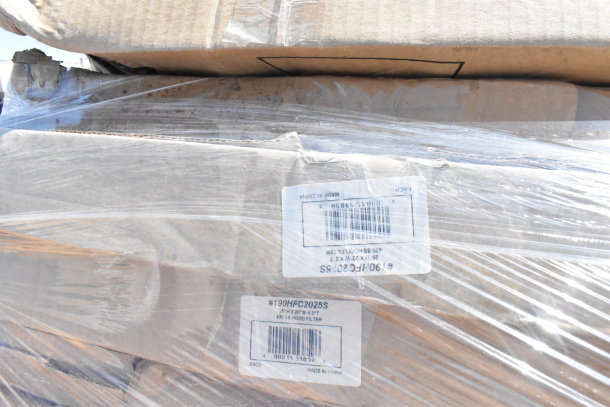 Plastic-wrapped pallet with boxes labeled "25x20x2 Hood Filter 430 SS." Marking shows "Made in China." 30 scratch and dent items.