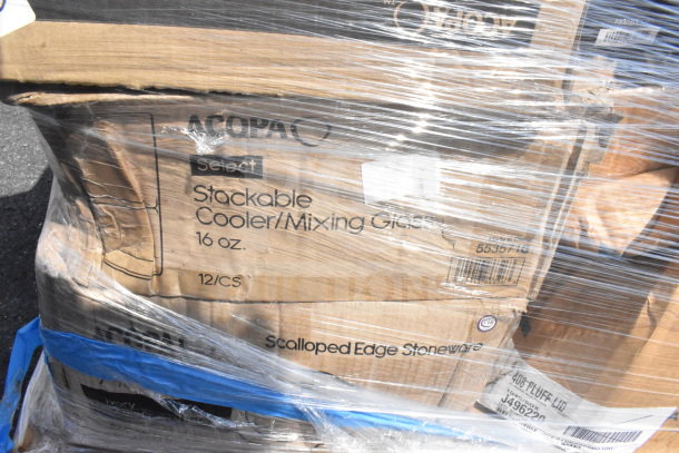 Sealed boxes of Acopa 16 oz. stackable cooler/mixing glasses. Some dented packaging. Includes scalloped edge stoneware.