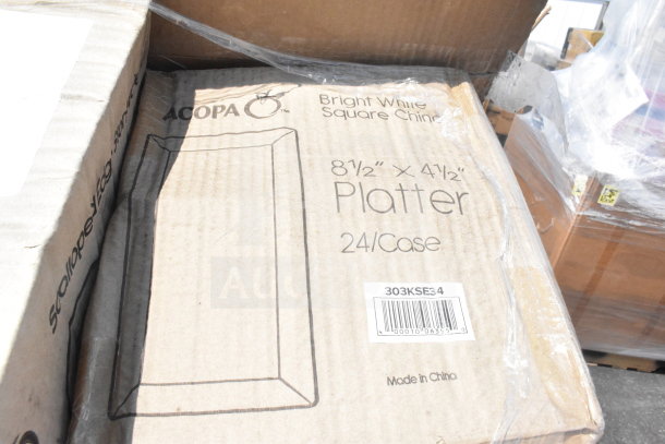Cardboard box labeled "Acopa Bright White Square China Platter, 8½" x 4½", 24/Case," showing bar code 303KSE34, Made in China.