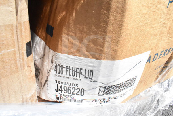 Cardboard box labeled "408 Fluff Lid," showing barcode and lot number J496220. Contains scratch-and-dent items.