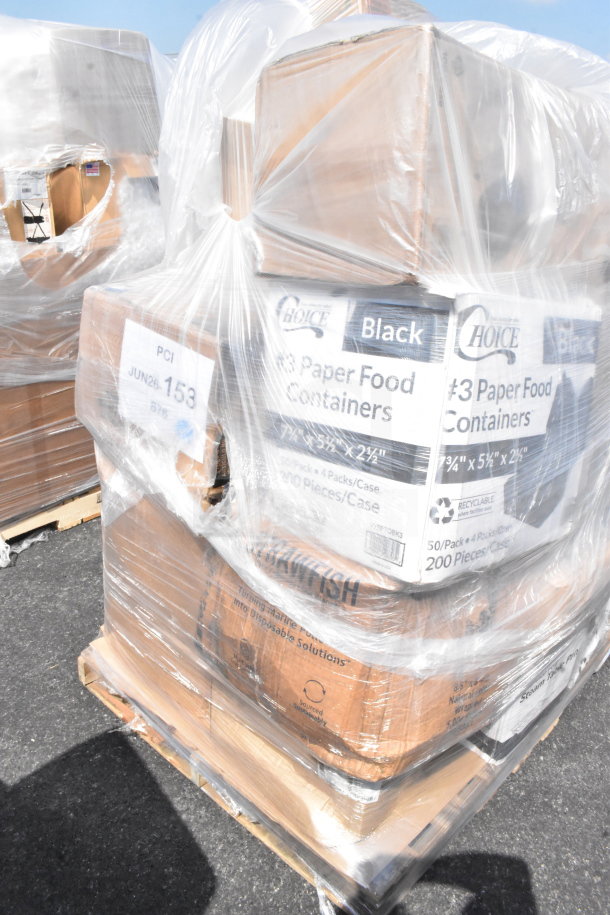 Pallet of brand new scratch and dent items including Choice paper food containers, wrapped in plastic, with visible labels.