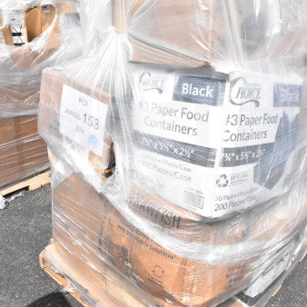 Pallet of brand new scratch and dent items including Choice paper food containers, wrapped in plastic, with visible labels.