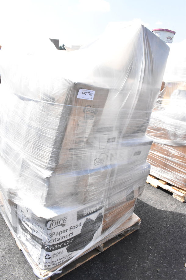 Large pallet wrapped with various paper food containers and cups, including "Choice" brand boxes. Items labeled as scratch and dent.