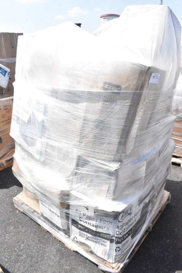 Pallet of 20 new scratch and dent items, including coffee cups and containers, wrapped in plastic. Batch #JUN26-153.