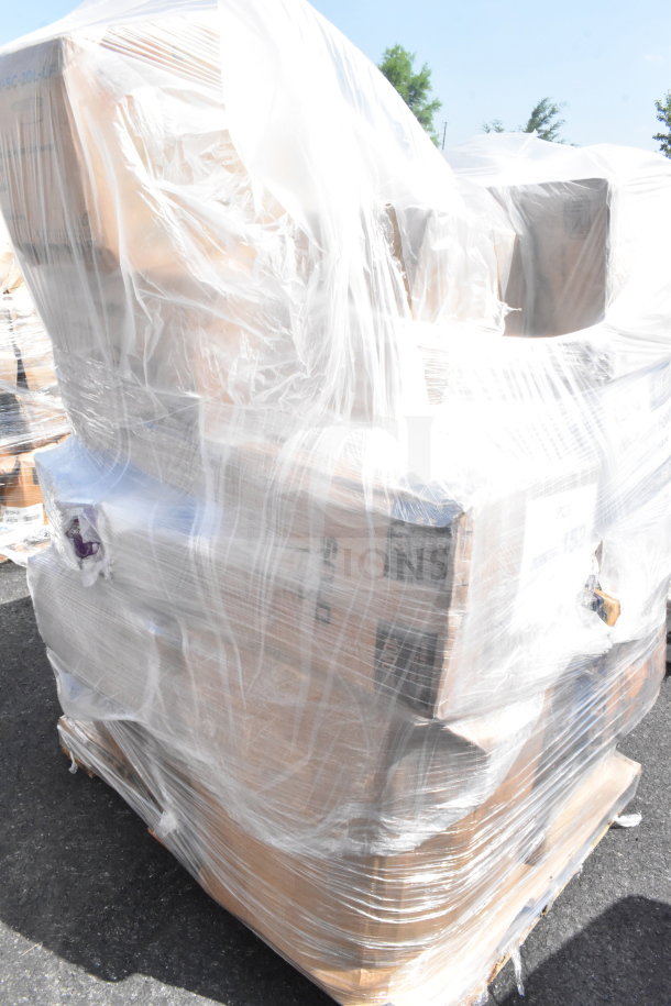 Pallet wrapped in plastic with 20 brand new scratch and dent items including coffee cups, lids, and containers.