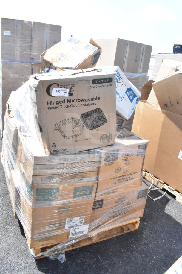 Palette of 26 scratch and dent items including toilet paper rolls, lids, cold cups, hot cups. Packaged for auction sale.