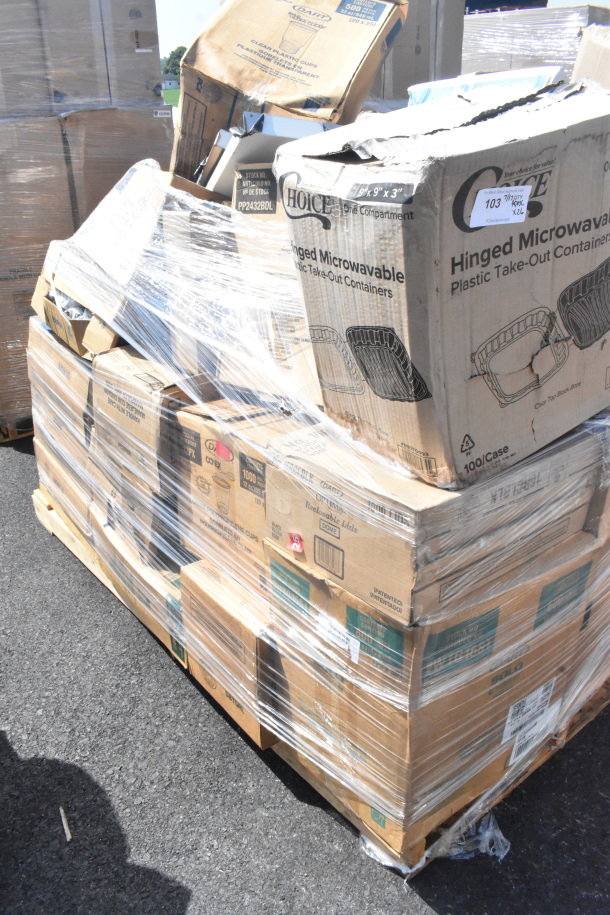 Pallet of assorted kitchen items including Choice take-out containers, toilet paper rolls, cup lids. Brand new condition.