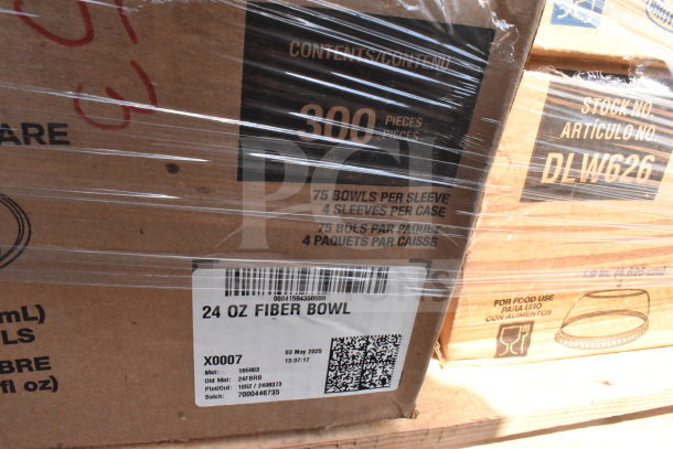 Box of 300 new 24 oz fiber bowls. Label shows item code X0007 and batch 7000446735. Scratch and dent condition.