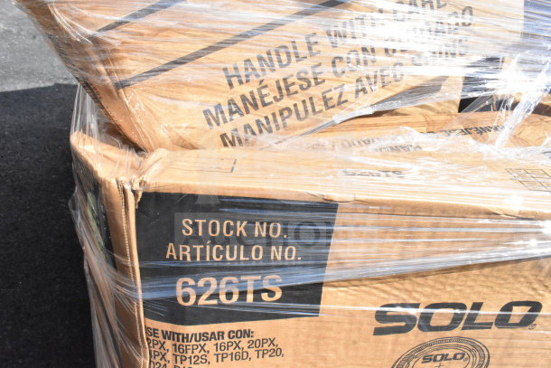 Brown cardboard boxes labeled "Stock No. 626TS" with Solo branding, wrapped in plastic. Items are new, scratch and dent condition.