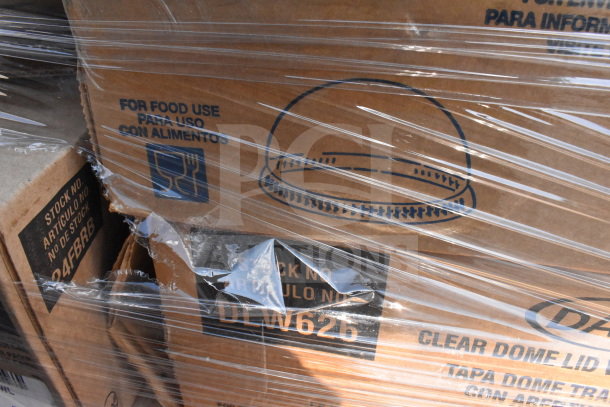 Shrink-wrapped boxes labeled for food use, containing various scratch and dent items, including lids and cups.