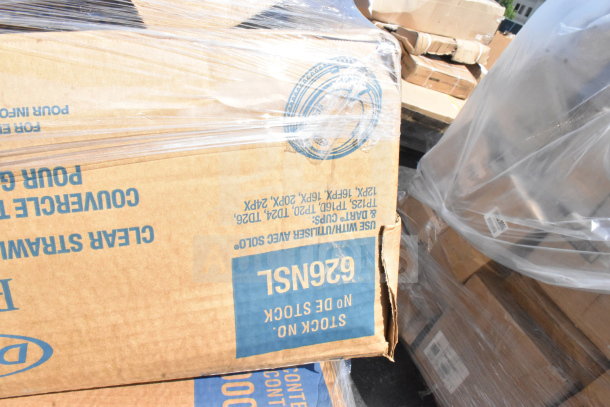 Cardboard box labeled "626NSL" contains assorted brand new scratch and dent items, including various cups and toilet paper rolls.