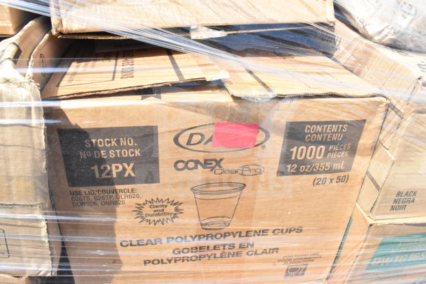 Large pallet of boxed clear polypropylene cups, Stock No. 12PX, 1000 pieces per box, visible scratches and dents.