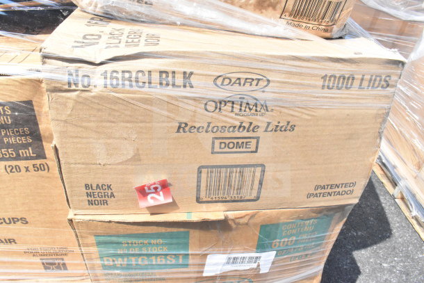 Cardboard box labeled "Dart Optima Reclosable Lids," 1000 lids, black color, marked for auction, slight packaging wear.