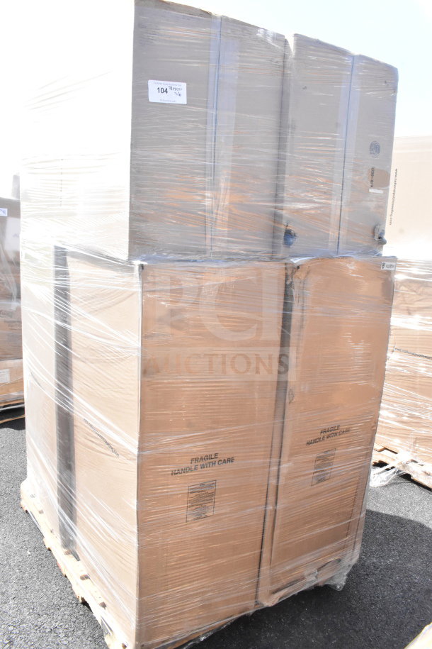 Shrink-wrapped pallet of new Lancaster Table & Seating black stackable banquet chairs in boxes, labeled "Fragile Handle With Care".