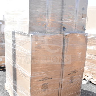 Shrink-wrapped pallet of new Lancaster Table & Seating black stackable banquet chairs in boxes, labeled "Fragile Handle With Care".