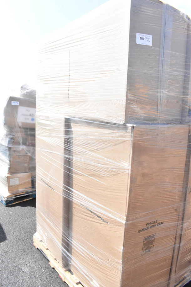 Six new Lancaster Table & Seating stackable banquet chairs, black with 2" padded seat, silver vein frame, in original packaging.