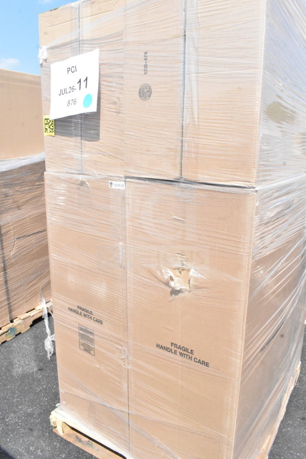 6 new Lancaster Table & Seating black stackable banquet chairs, 2" padded seats, silver vein frame; boxes marked "fragile."