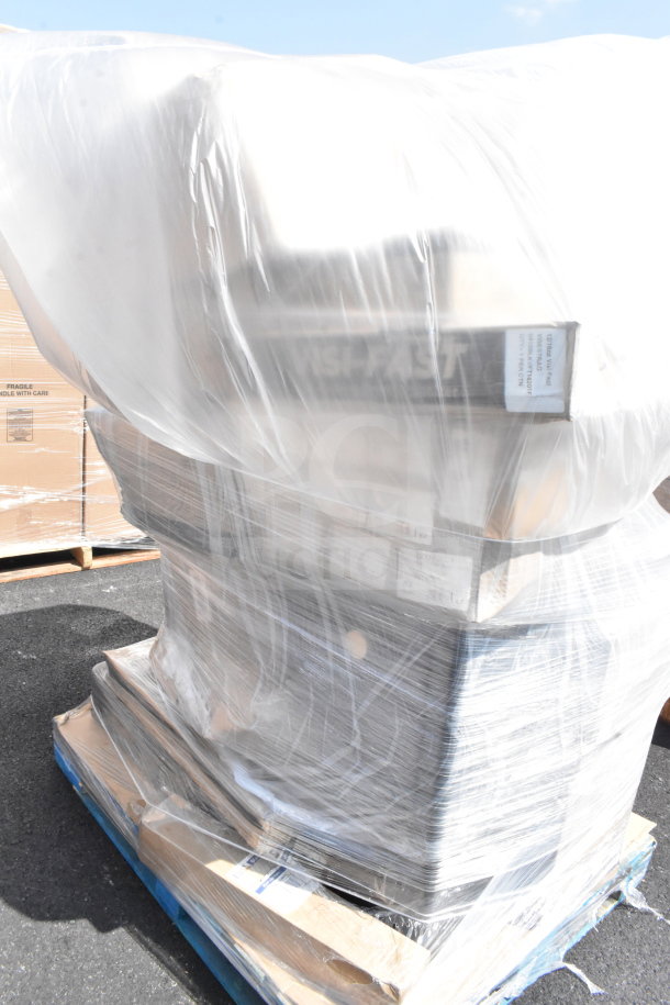 Transparent-wrapped pallet with scratch and dent items including a cup dispenser, lid organizer, and trash can.