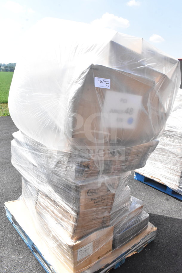 Pallet of 26 wrapped scratch and dent items, including a cup dispenser, lid organizer, and trash can, marked "JUN26-48".