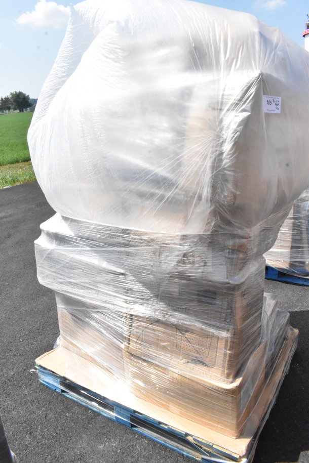 A pallet wrapped in plastic containing 26 brand new scratch and dent items, including a cup dispenser, lid organizer, and trash can.