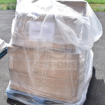 Plastic-wrapped pallet containing 15 new scratch and dent items including bus tub and beer box sliding lids, marked "JUN26-180."