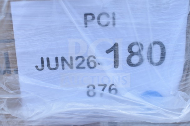 Plastic-wrapped auction item with "JUN26-180" label. Includes 15 brand new scratch and dent items like bus tubs and beer box lids.