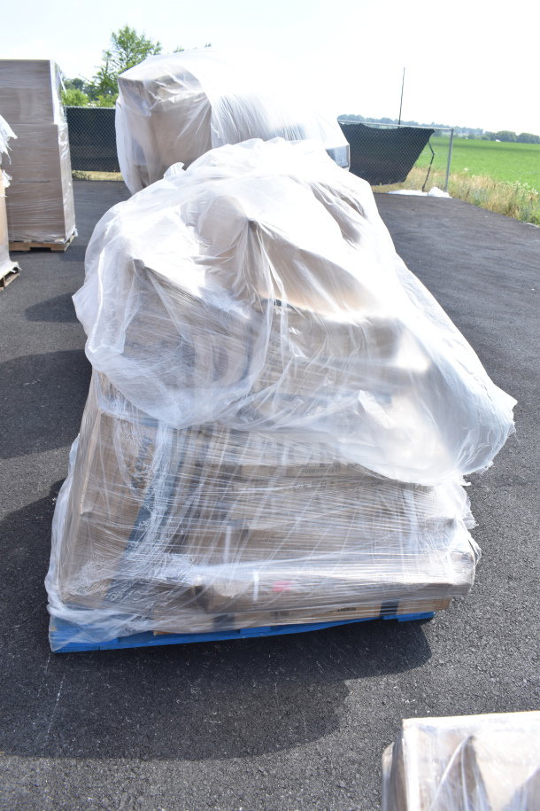 Pallet of 15 new scratch and dent items, including bus tub and beer box sliding lids, wrapped in clear plastic.