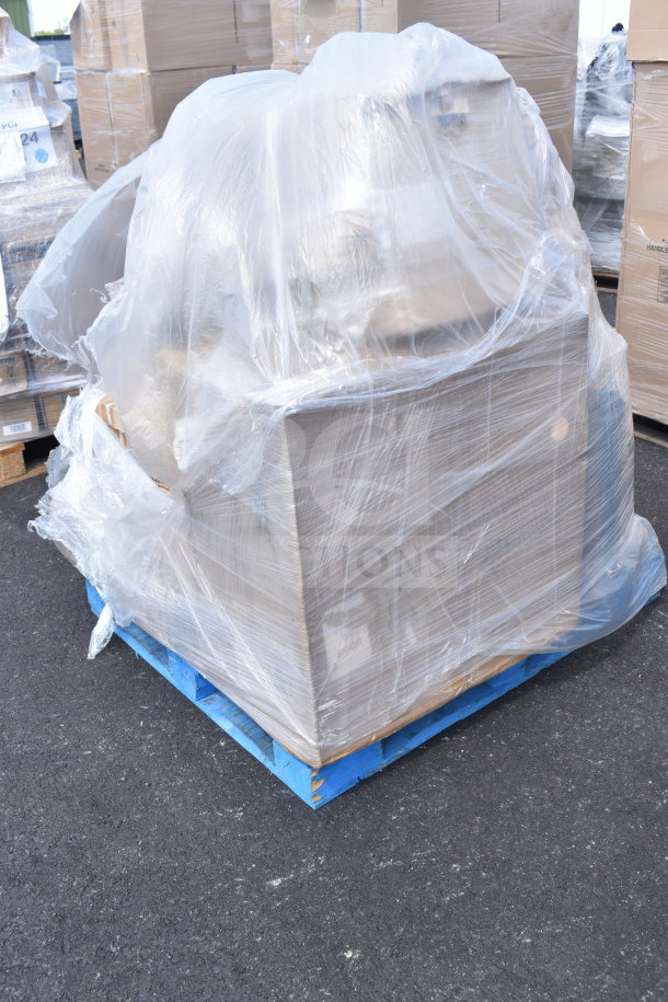 Plastic-wrapped pallet with assorted new scratch and dent items, including a bus tub and beer box sliding lids, on a blue base.