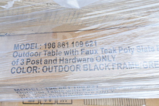 Outdoor table with faux teak poly slats, model 196 861 109 621, black frame, packaged with post and hardware only.
