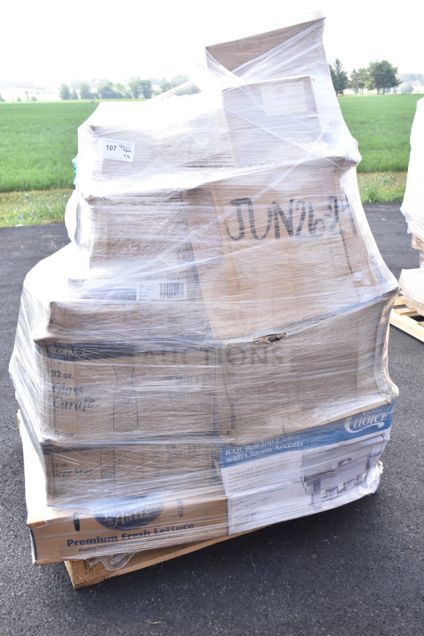 Pallet of 26 scratch and dent items, including glasses, bowls, trays, wrapped in plastic. Boxes labeled "JUN26-24".
