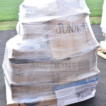 Pallet of 26 scratch and dent items, including glasses, bowls, trays, wrapped in plastic. Boxes labeled "JUN26-24".