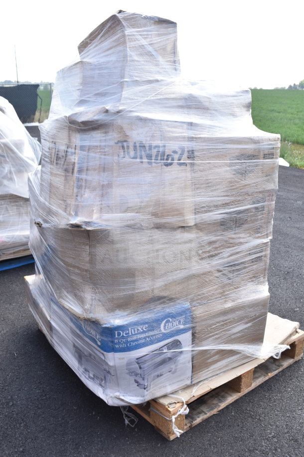 Pallet of 26 brand new scratch and dent items, including glasses, bowls, and food trays, wrapped in plastic. Visible label: JUN26-24.